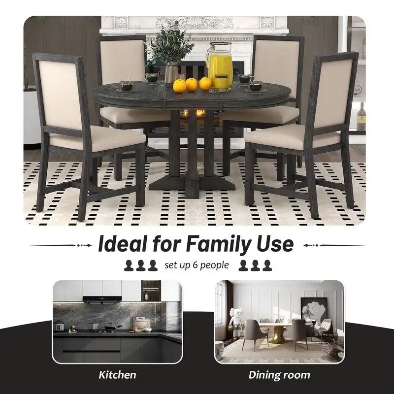 5-Piece Dining Set Extendable Round Table and 4 Upholstered Chairs Farmhouse Dining Set for Kitchen, Dining Room