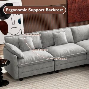 Ihanherry 146" U-Shaped Modern Sofa Modular Sectional Cloud Couch with 2 Ottoman, 6-Seat Chenille Deep Seat Sofa with 6 Pillows for Living Room, Bedroom and Apartment, Grey