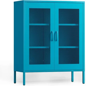 CHSHIN 40" H Blue Metal Storage Cabinet with 2-Mesh Doors for Home,Office,Kitchen,Bar(Width:31.5")