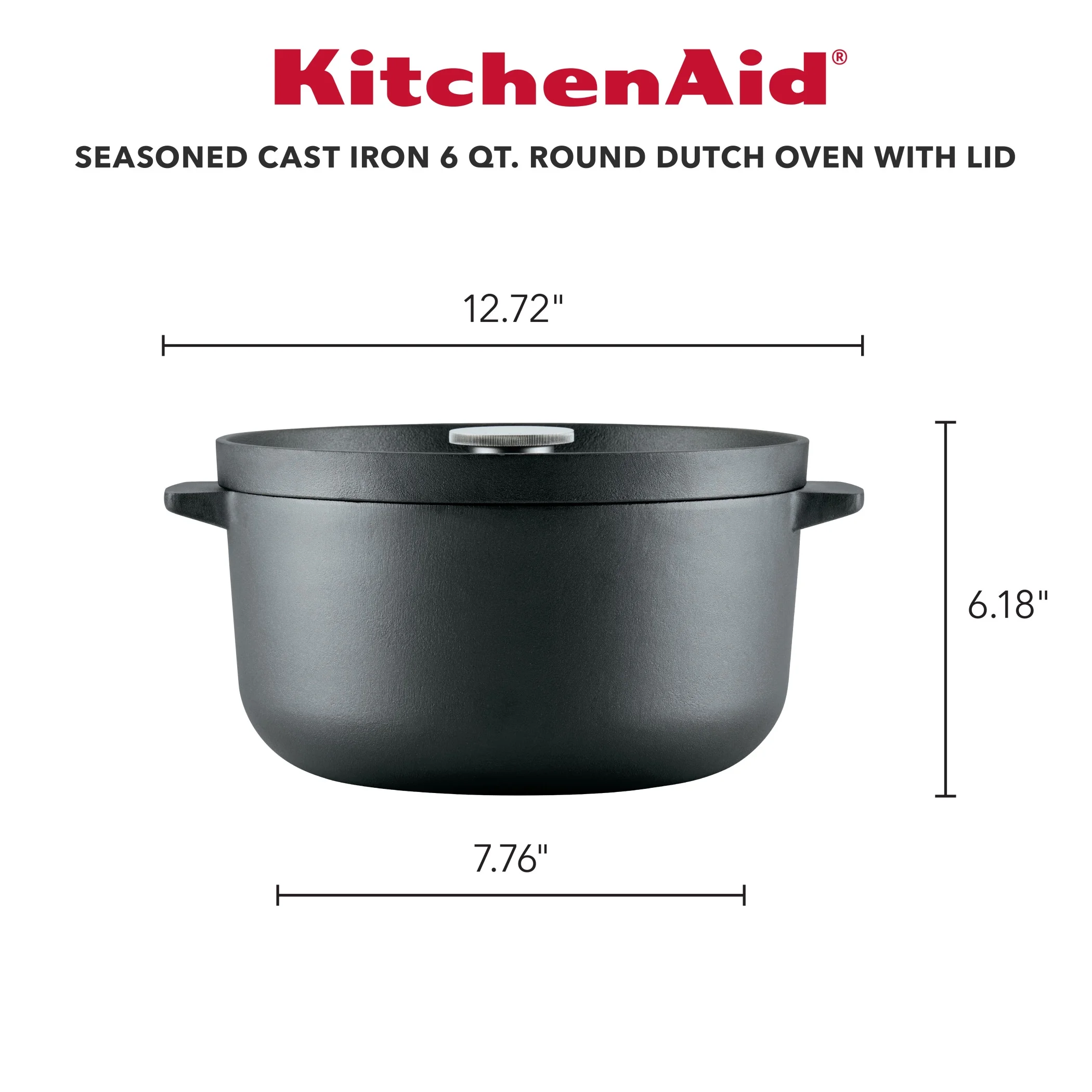 KitchenAid Seasoned Cast 6 Quart Iron Induction Dutch Oven Casserole, Metal Utensil, Broiler and Oven Safe to 500-F, Cast Iron Black