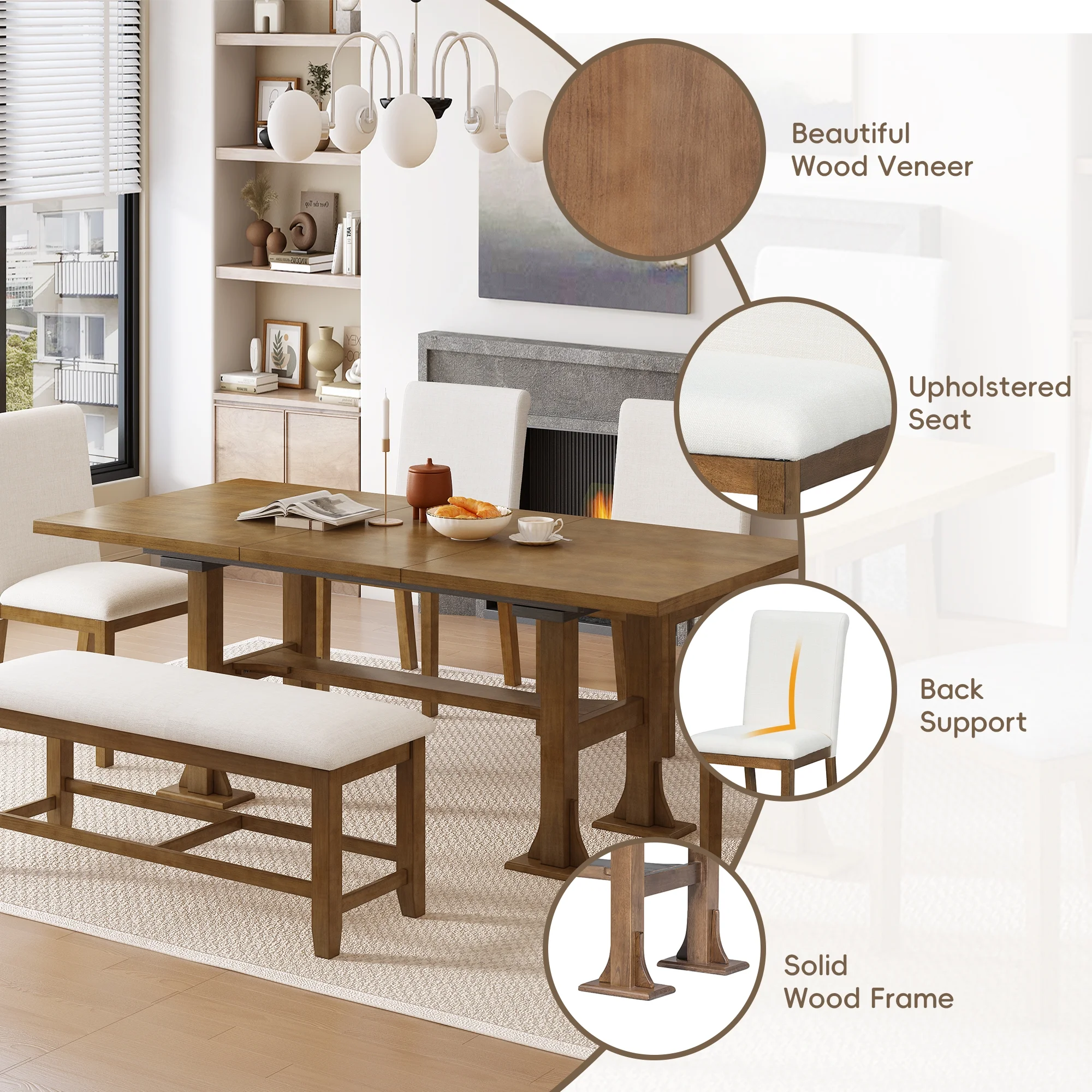 Harper & Bright Designs 6 Pieces Dining Table Set with Bench for 6, Kitchen Table Set with Storage Drawer and 4 Upholstered Dining Chairs, Dark Brown