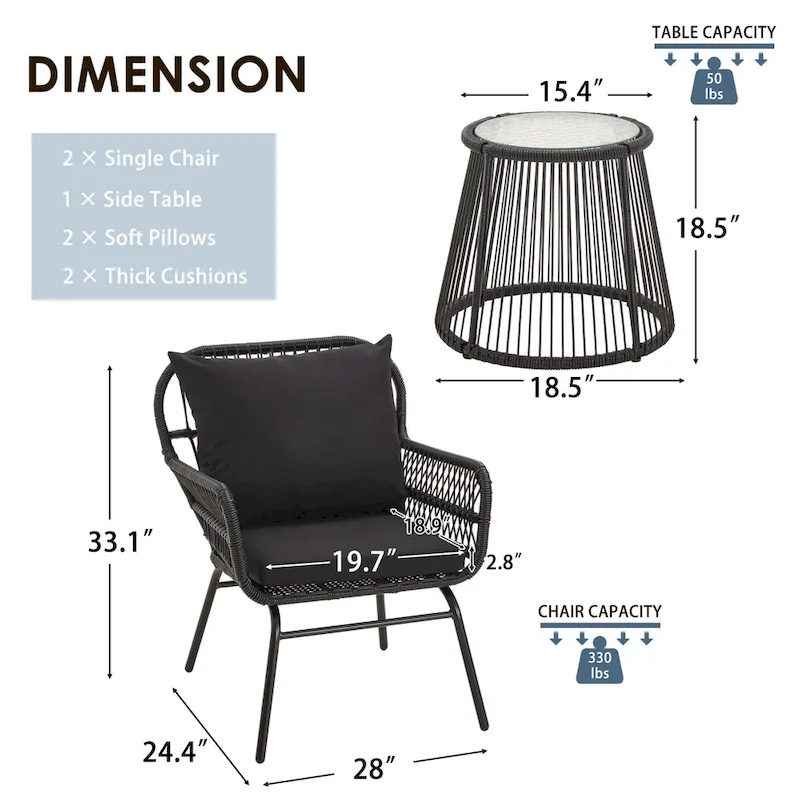 3-Piece Patio Conversation Bistro Set, Outdoor Rattan Furniture Set with Glass Table & 2 Wide Armchairs, Seat Cushions