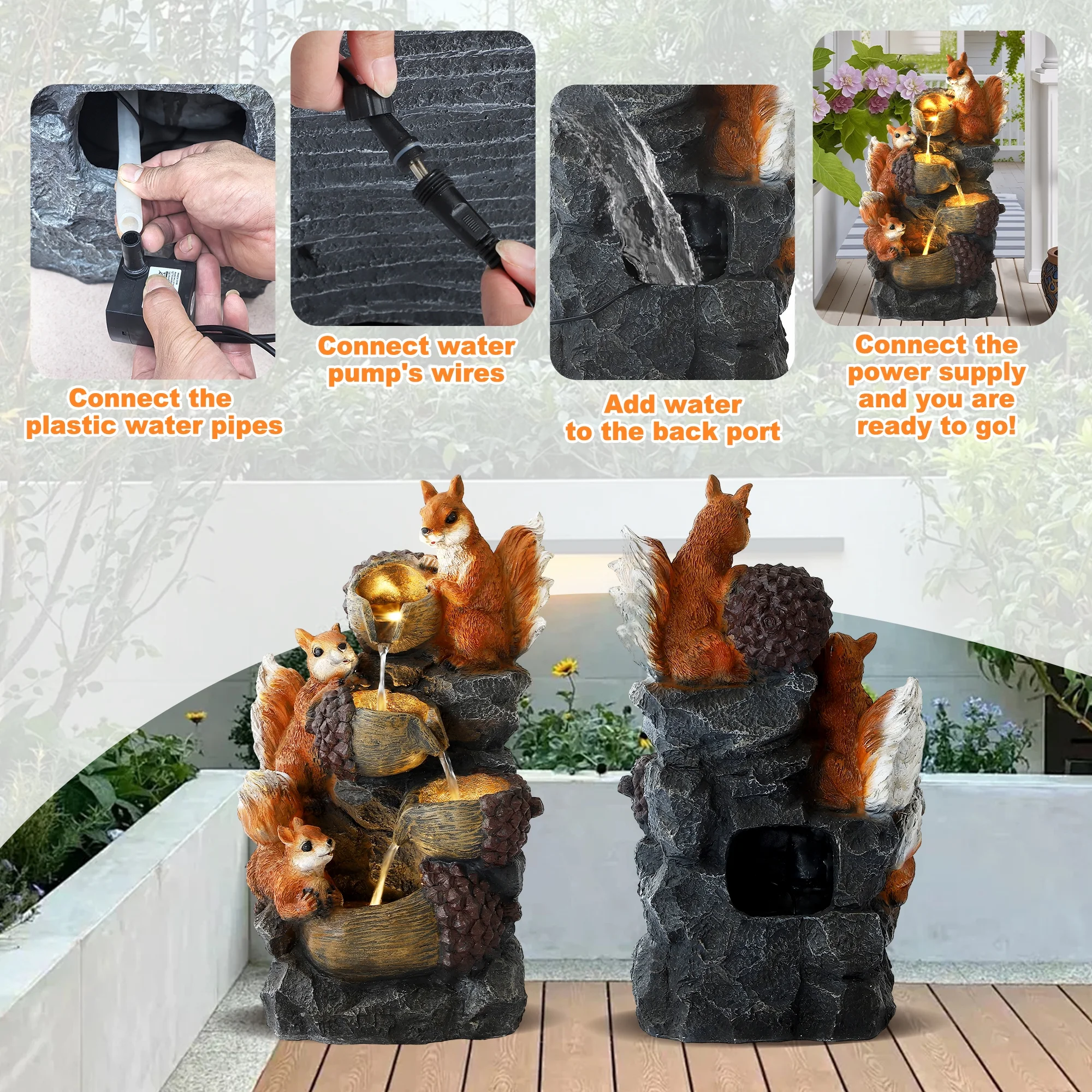 Magic Union Outdoor Water Fountain, Waterfall Indoor Outside Cascading Rock Fountain Garden Decor with Squirrels Decorations, 3 Pinecone-Shaped Rocks Patio Resin Fountains for Yard, Porch and Home
