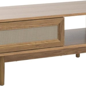 Mopio Ensley Mid Century Modern Rectangle Coffee Table with Dual Storage Shelf, Wood Slat Sliding Door, & Rounded Edge Protection for Living Room, Walnut Grain