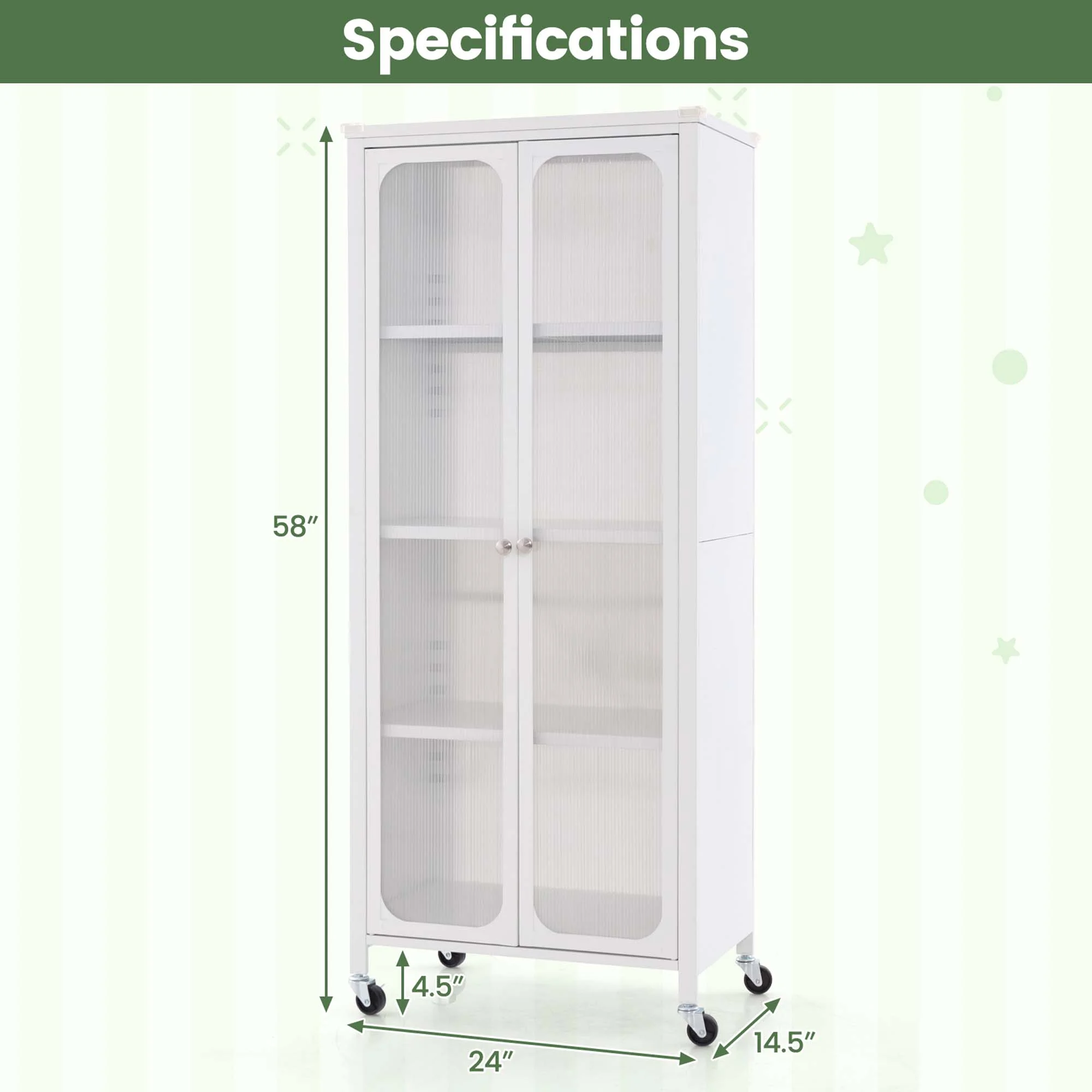 Costway Storage Cabinet with Wheels & 2 Translucent Doors Adjustable Shelves Sideboard 24" x 14.5" x 58"