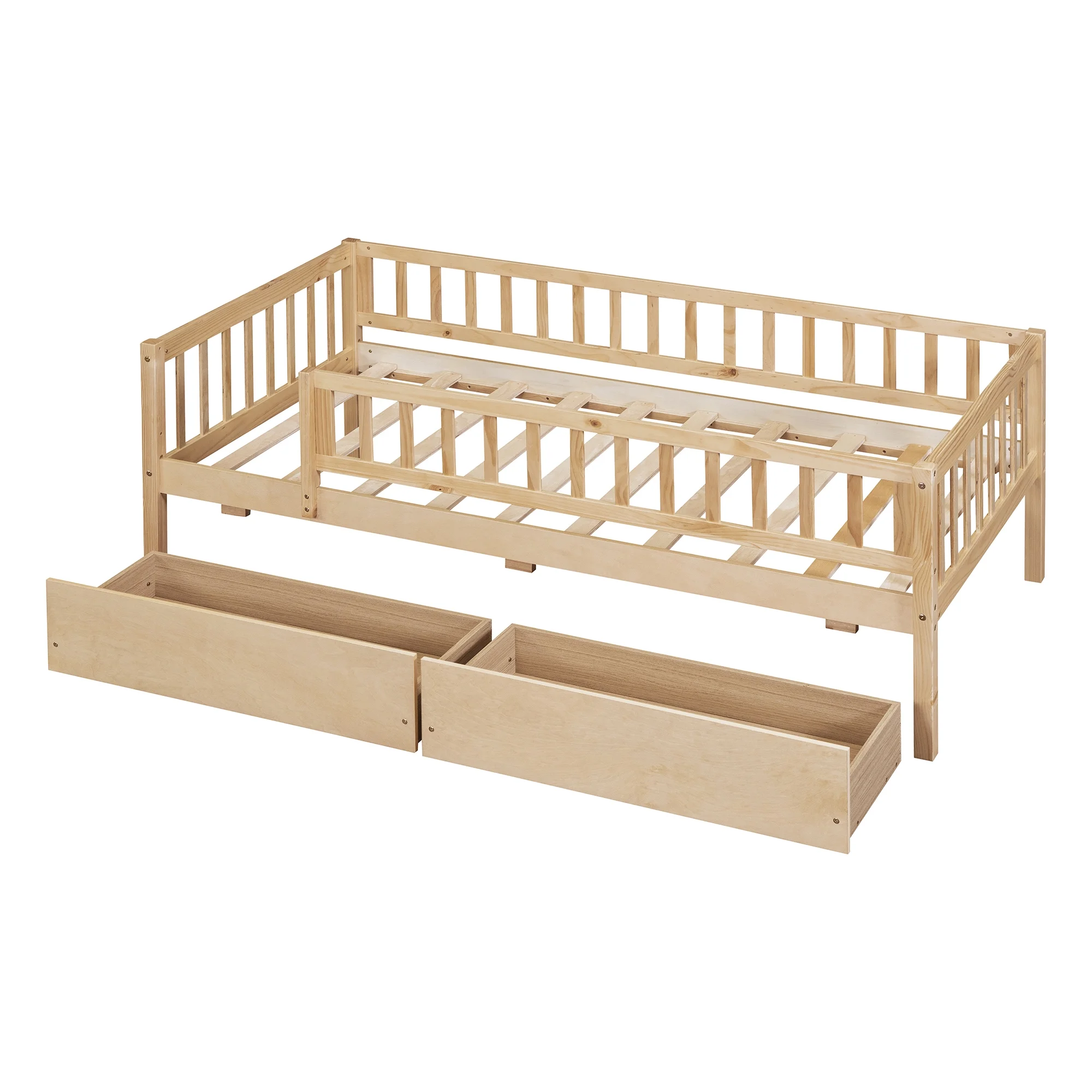 Holaki Twin Size Wood Bed with Guardrails and 2 Storage Drawers for Kids, Gray