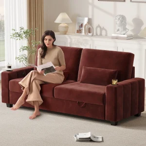 87-Large Loveseat Sofa, 3 Seater Couch with Storage, Velvet Fabric Deep Seat Sofa with Pillow& Cup Holders, Modern Comfy Sofa with USB& Type-C Ports, Home Sofa Couch for Living Room Bedroom