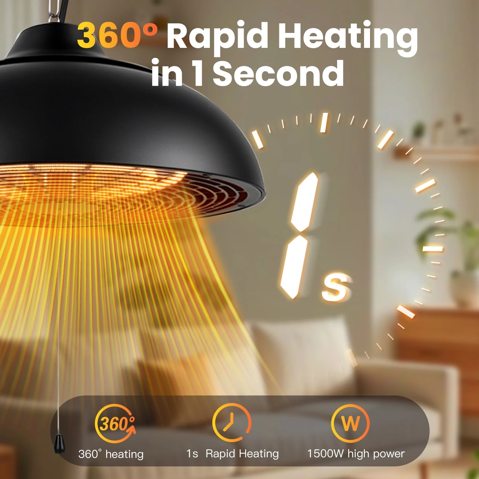 Advwin Outdoor Patio Heater,1500W Electric Hanging Patio Heater 3S Fast Heating,Ceiling Mounted Heater for Balcony,Courtyard, Garage,Overheat & Tip-Over Protection 3 Adjustable Modes,IP55 Waterproof