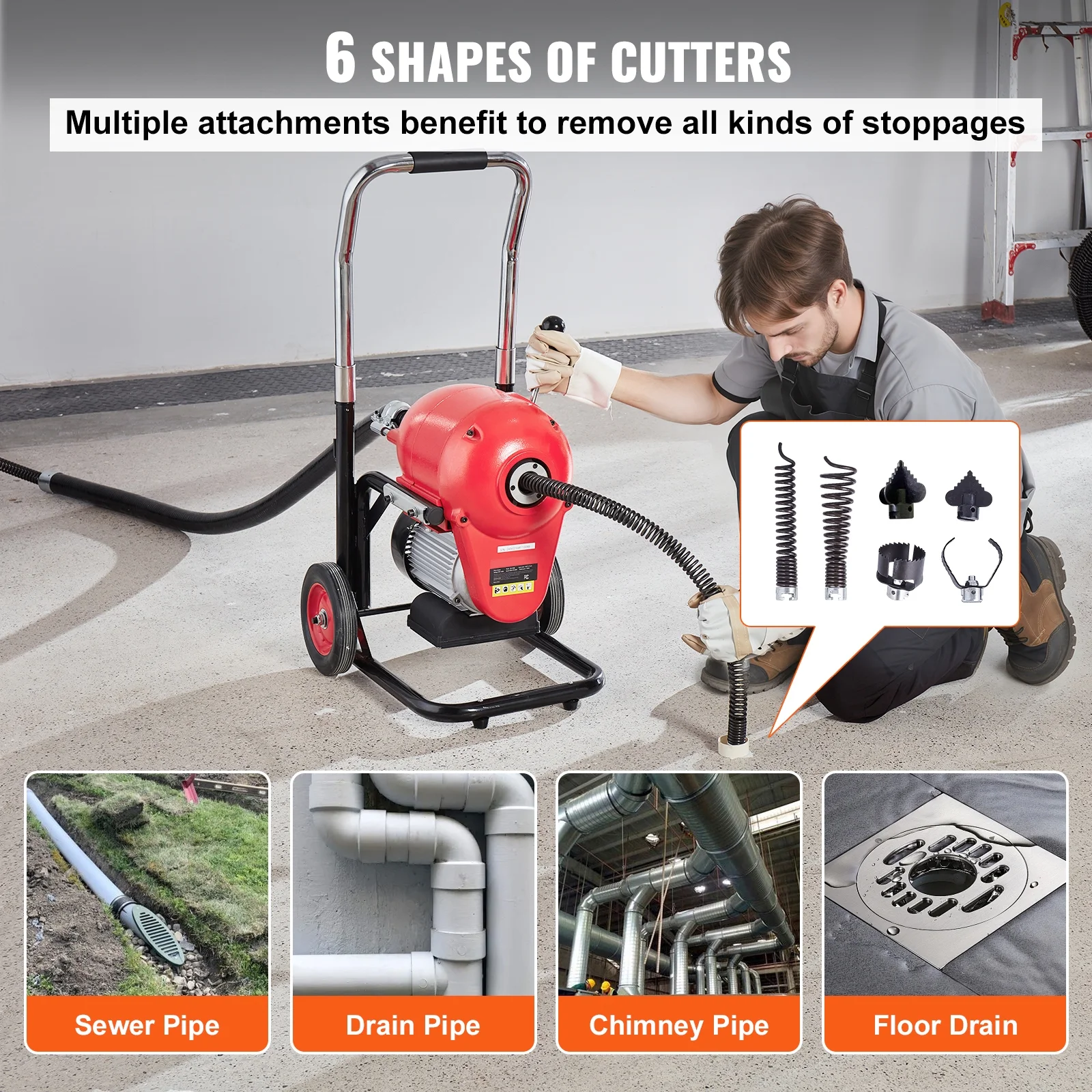 KFFKFF Drain Cleaning Machine, 120FT x 6/5 Inch, 1100W, Manual Operation - Includes 2 Steel Cables, 6 Blades, and Dual-Direction Control for Pipes 4"-8"