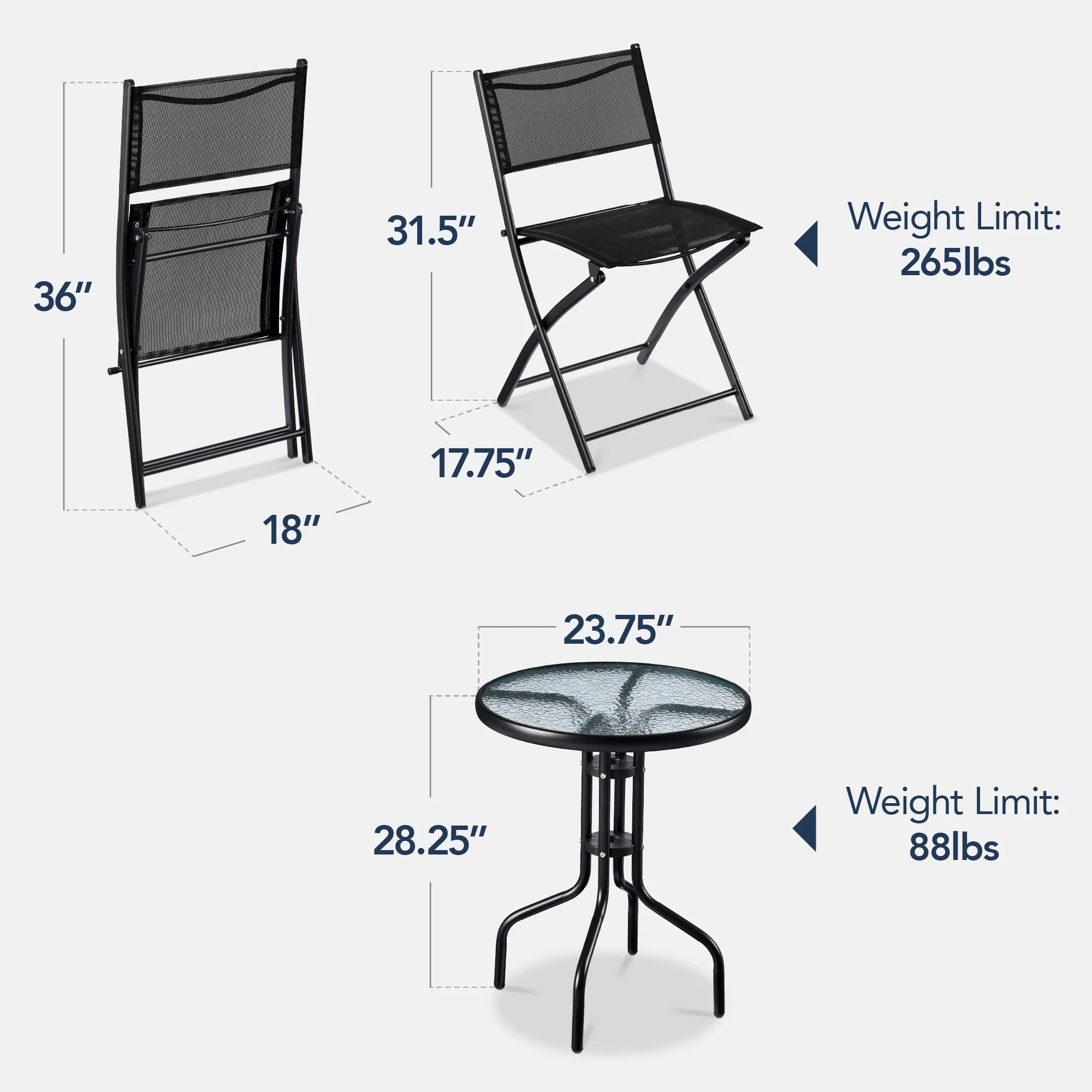 Best Choice Products 3-Piece Patio Bistro Dining Furniture Set w/ Glass Tabletop, Folding Chairs - Gray