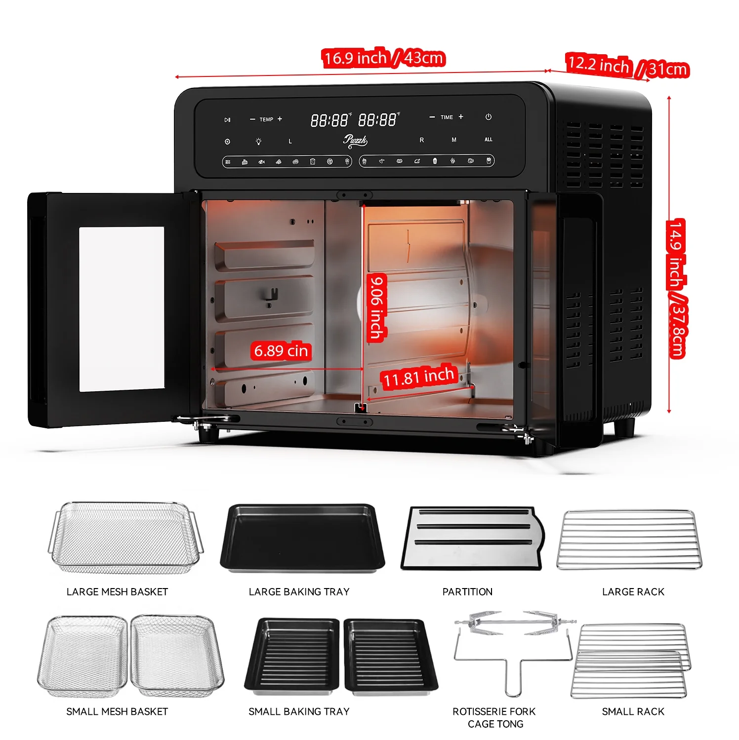 PwZzk 25.4QT Dual Zone Air Fryer Toaster Oven Combo, French Glass Door, XL Capacity, 100-430-F Temperature Range, 16 Preset Functions, LED Display, Dual Fan, 360- Heat Circulation, Rotisserie, Bake,