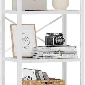5-Tier Corner Shelf, Narrow Bookshelf with 2 Storage Drawers, Tall Bookcase, Wood Display Standing Shelf Organizer Unit for Living Room, Bedroom, Metal Frame(White)