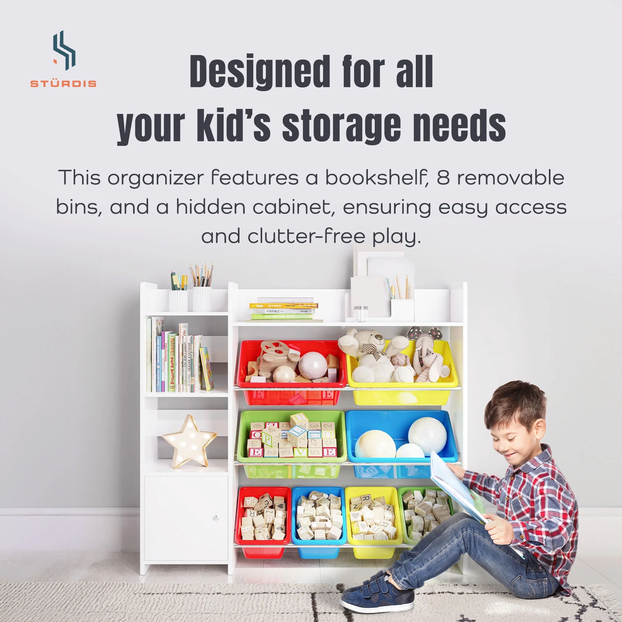 Sturdis Kids Toy Storage Organizer With Bookshelf and White Bins