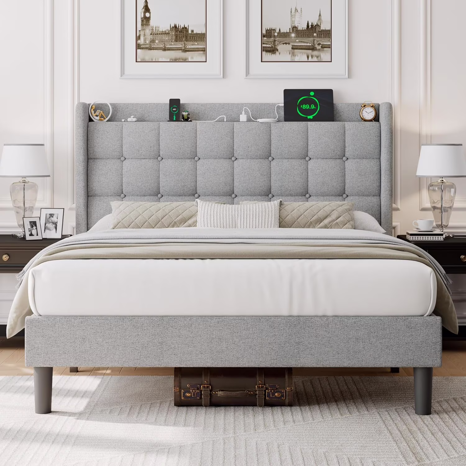 ipormis Full Size Bed Frame with Charging Station-Upholstered Platform Bed Frame with Wingback Storage Headboard, No Box Spring Needed,Light Grey