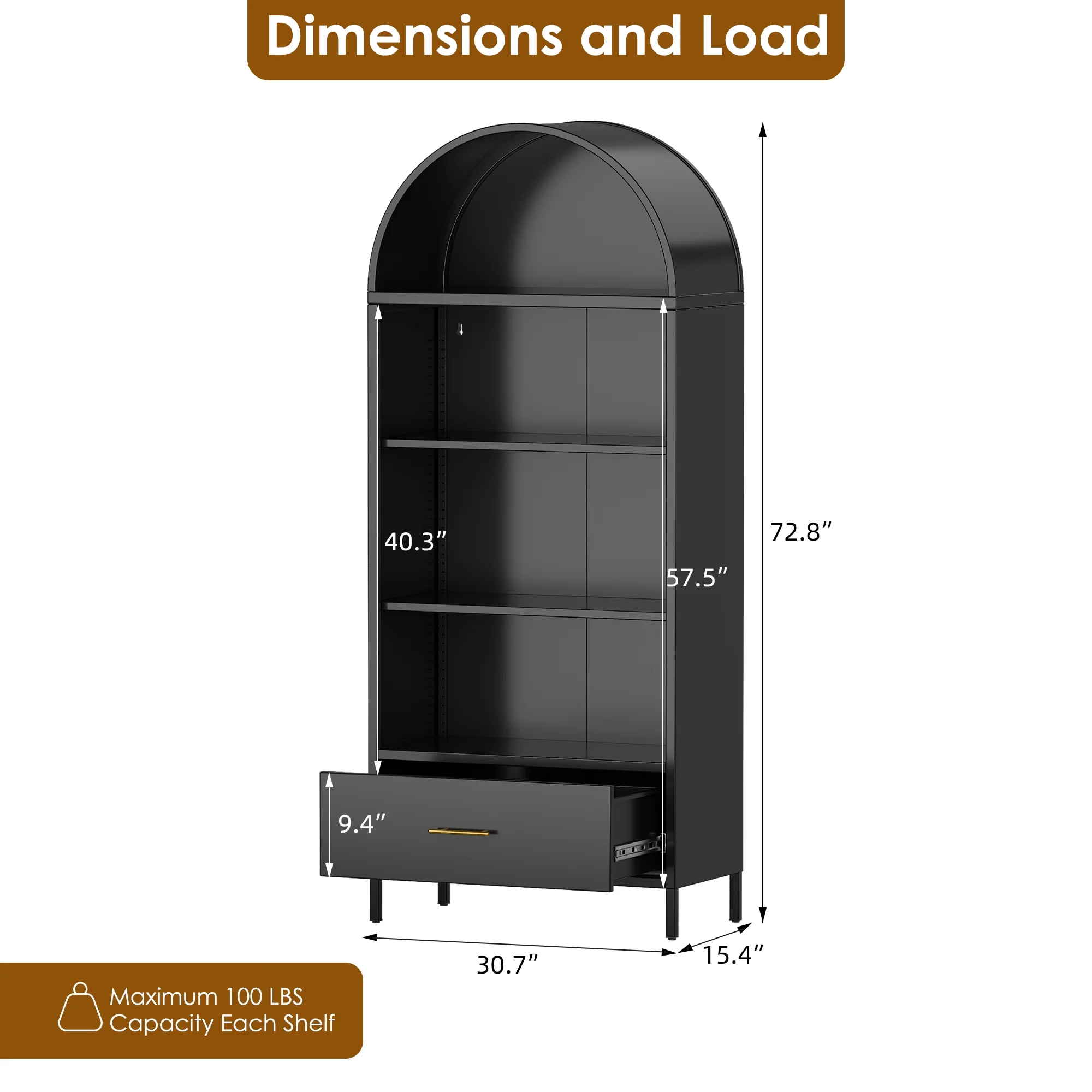 SUXXAN Metal Arched Storage Display Lockable Cabinets with Glass Doors and Adjustable Shelves, Assembly Required, Black