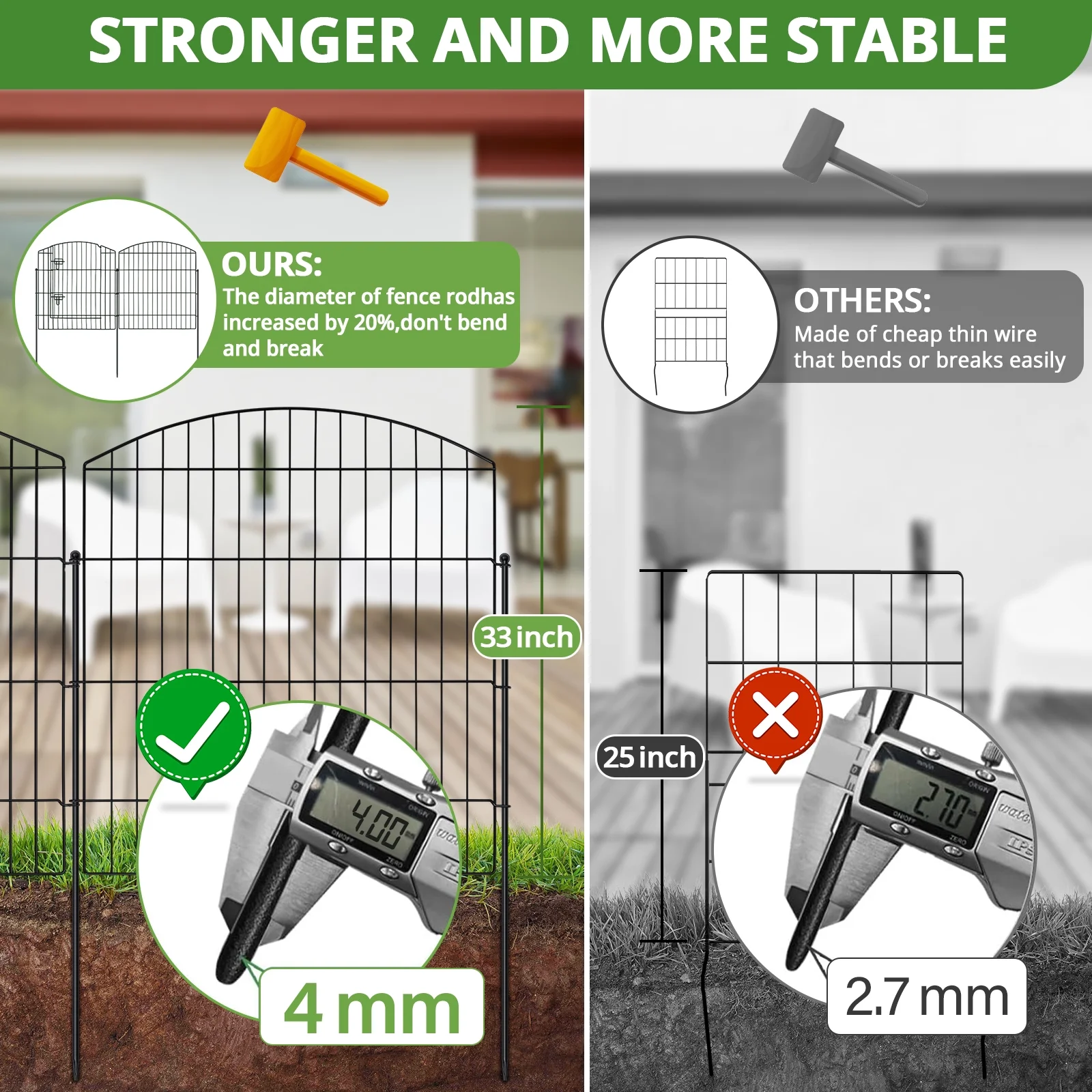 BSHAPPLUS® Garden Fence 10 Pack ,33in (H) x 24ft (L) Metal Fence,Rustproof Decorative Fence,Animal Wire Fence,Wrought Iron Fence, Outdoor Picket Fencing No-Dig for Yard, Lawn and Patio Borders