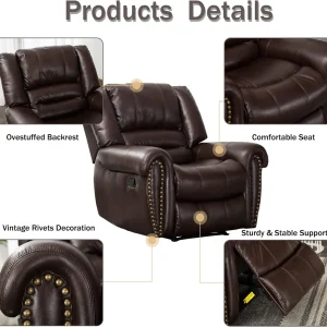 CANMOV Leather Recliner Chair, Classic and Traditional Manual Recliner Chair with Comfortable Arms and Back Single Sofa for Living Room, Nut Brown