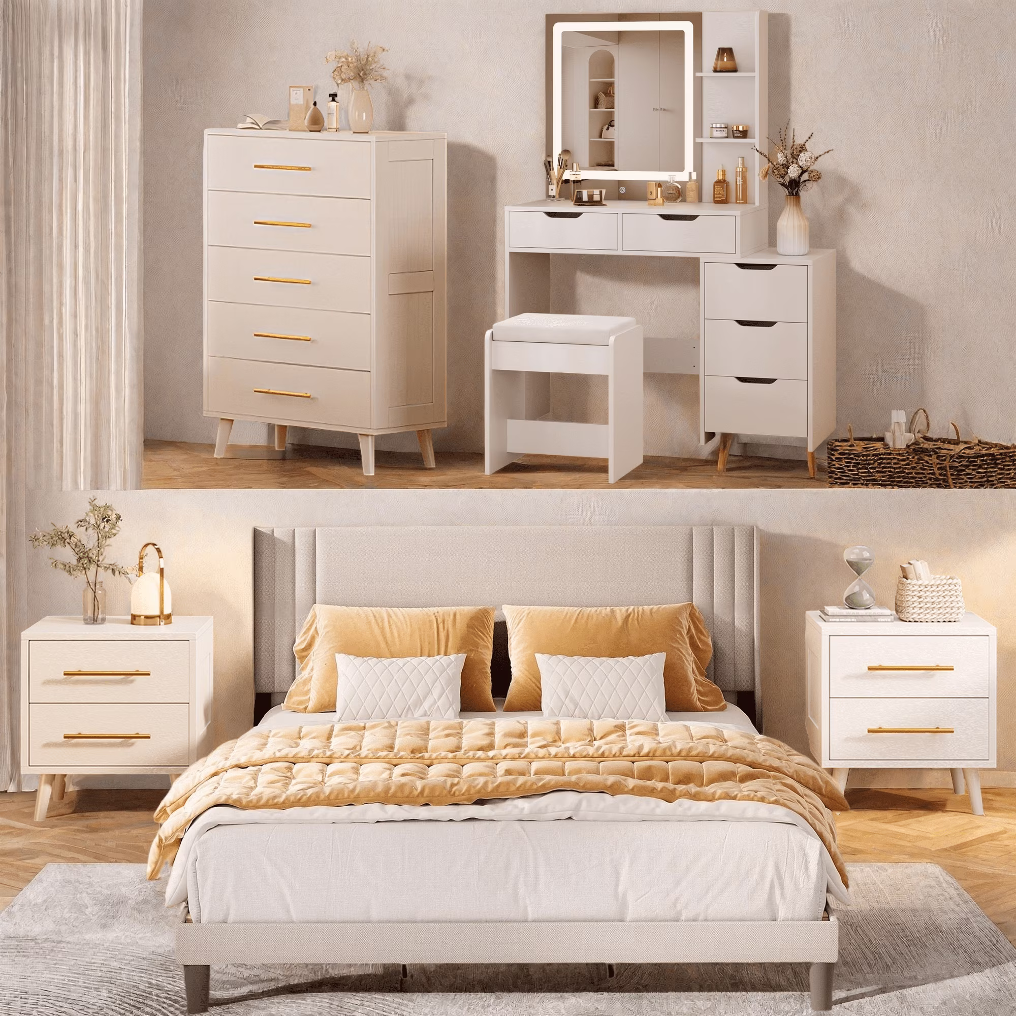 Bedroom Furniture Set - Includes Queen Bed Frame, Nightstands Set of 2, 5-Drawer Dresser & Vanity Desk - Modern Storage Solution for Stylish Home Decor, Beige/White