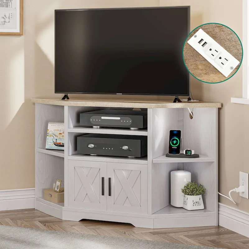 Farmhouse Corner TV Stand Entertainment Center Media Console for TVs up to 55 with Power Outlet