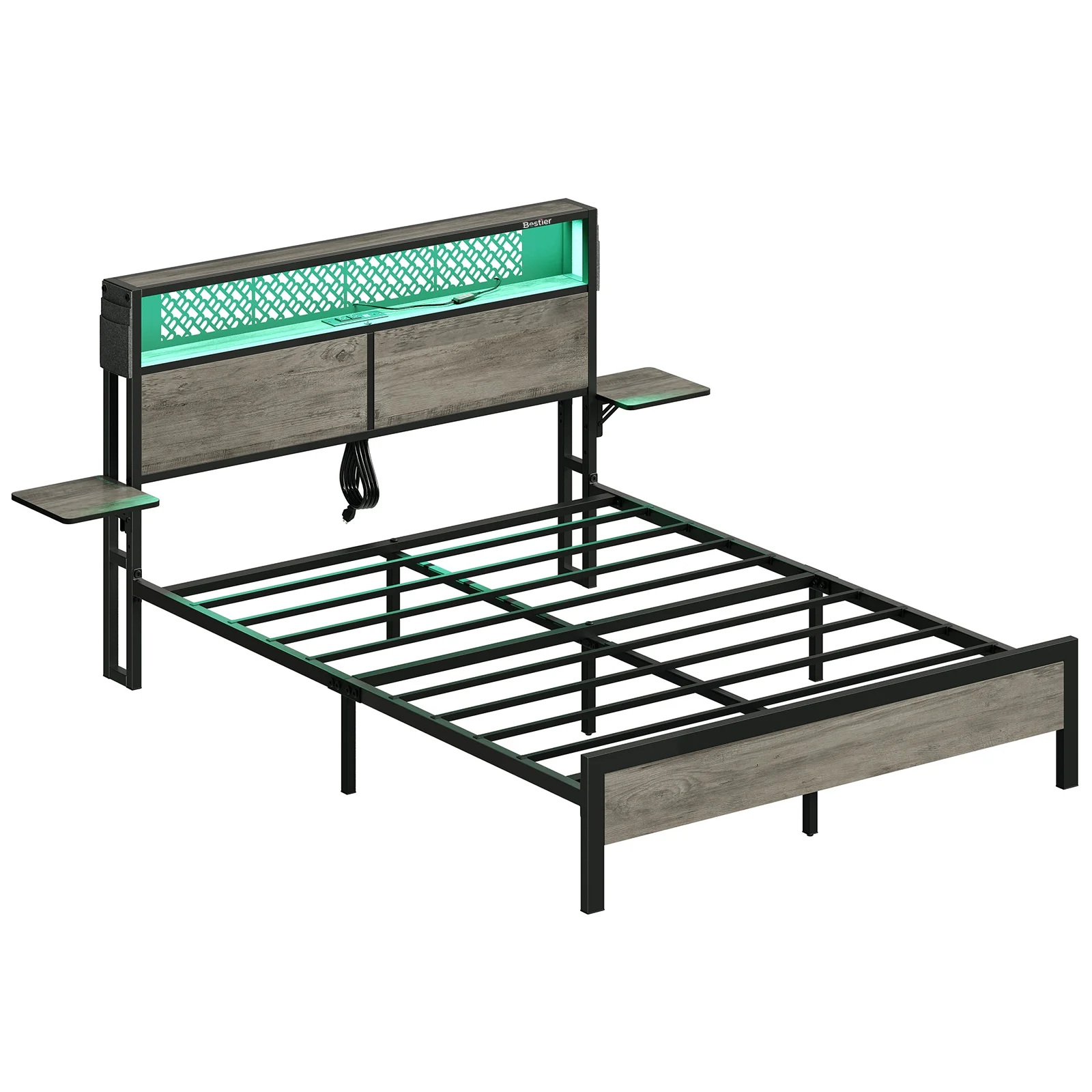 Bestier Queen Size Platform Bed Frame with Wood Foldable Bedside Shelves and LED Storage Headboard Charge Station, Gray