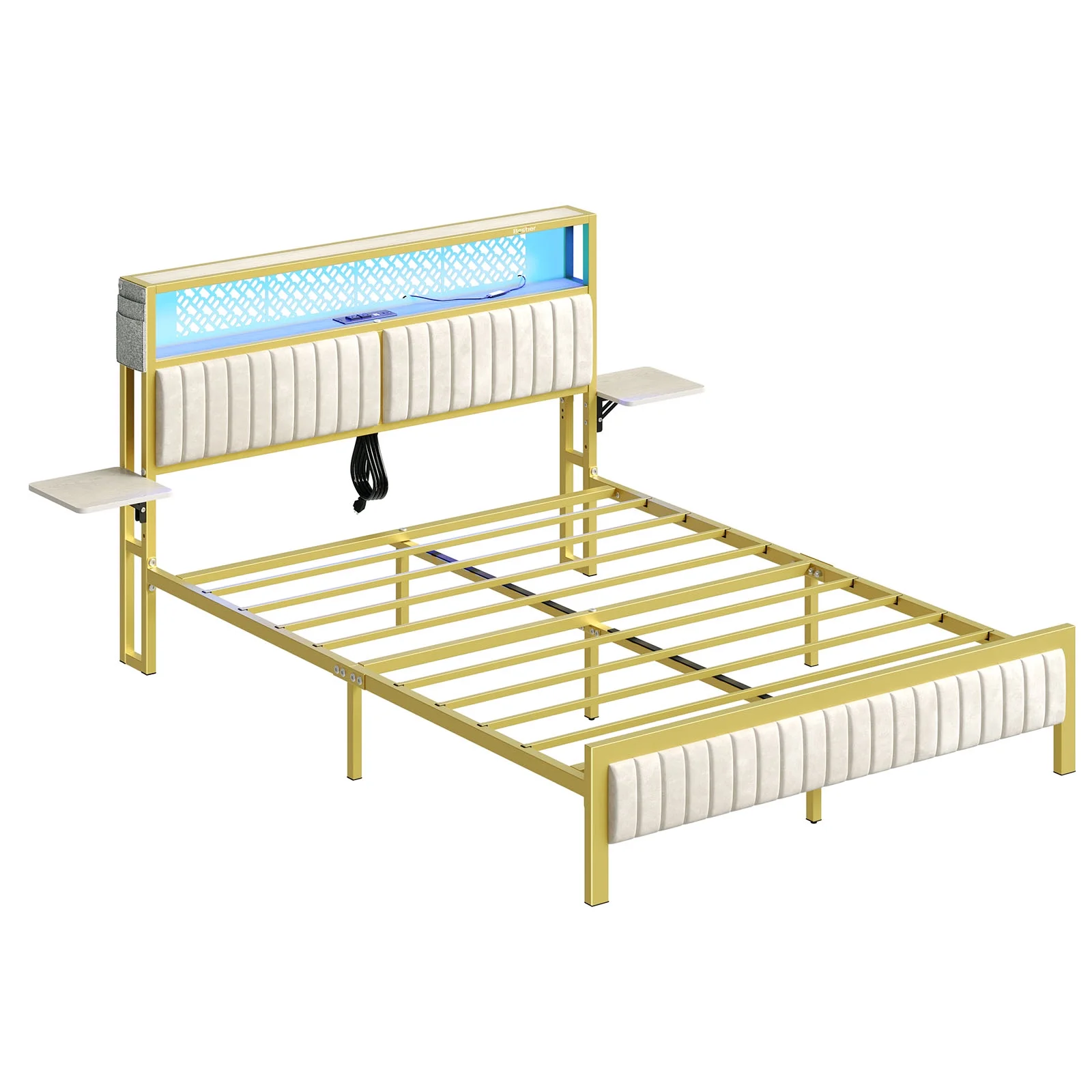 Bestier Queen Size Platform Bed Frame with Wood Foldable Bedside Shelves and LED Storage Headboard Charge Station, Gray