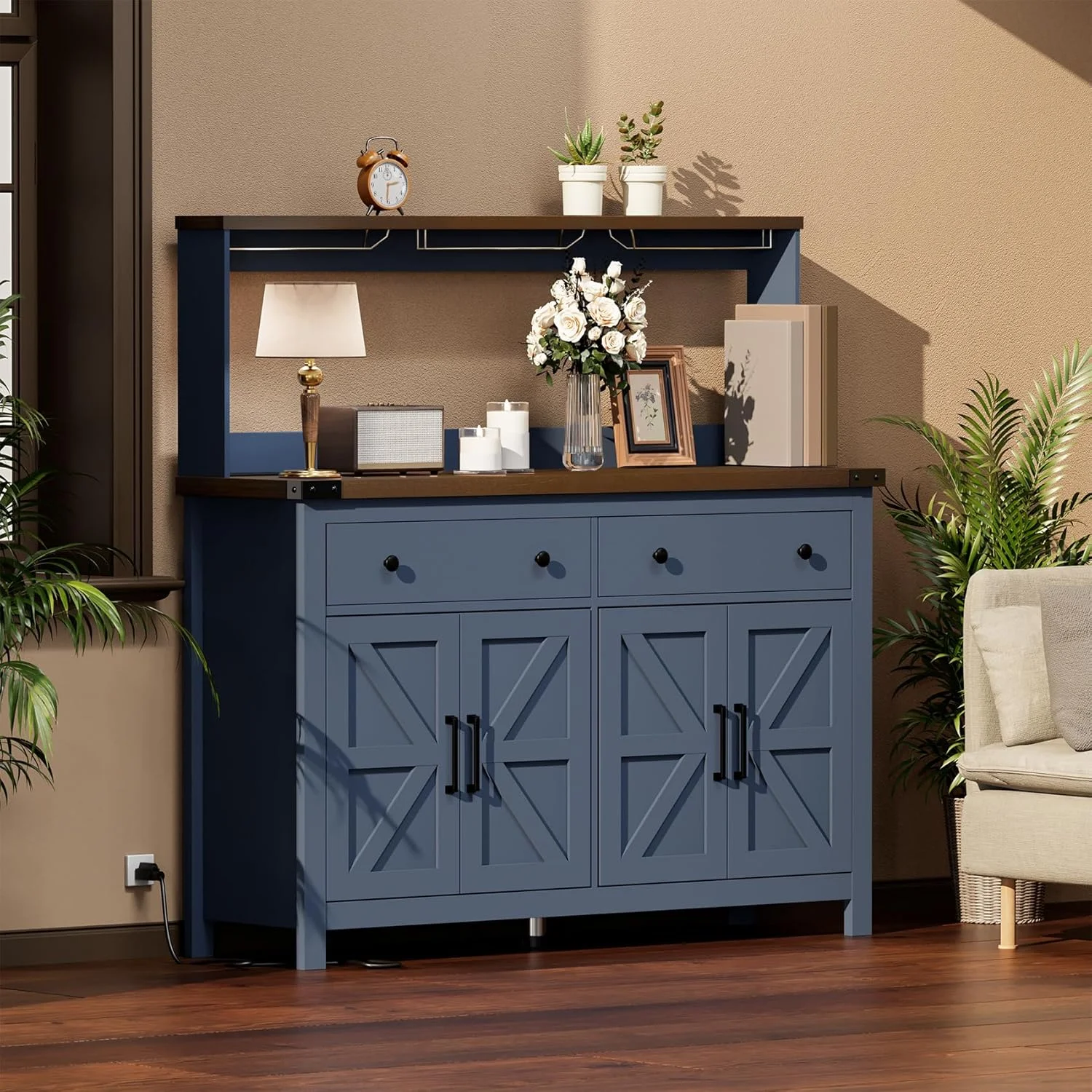 Frmobepts Farmhouse Coffee Bar Cabinet, 60" Tall Bar Cabinet with Drawers & Power Outlet, Sideboard Buffet Cabinet with Storage Barn Door for Kitchen, Dining Room