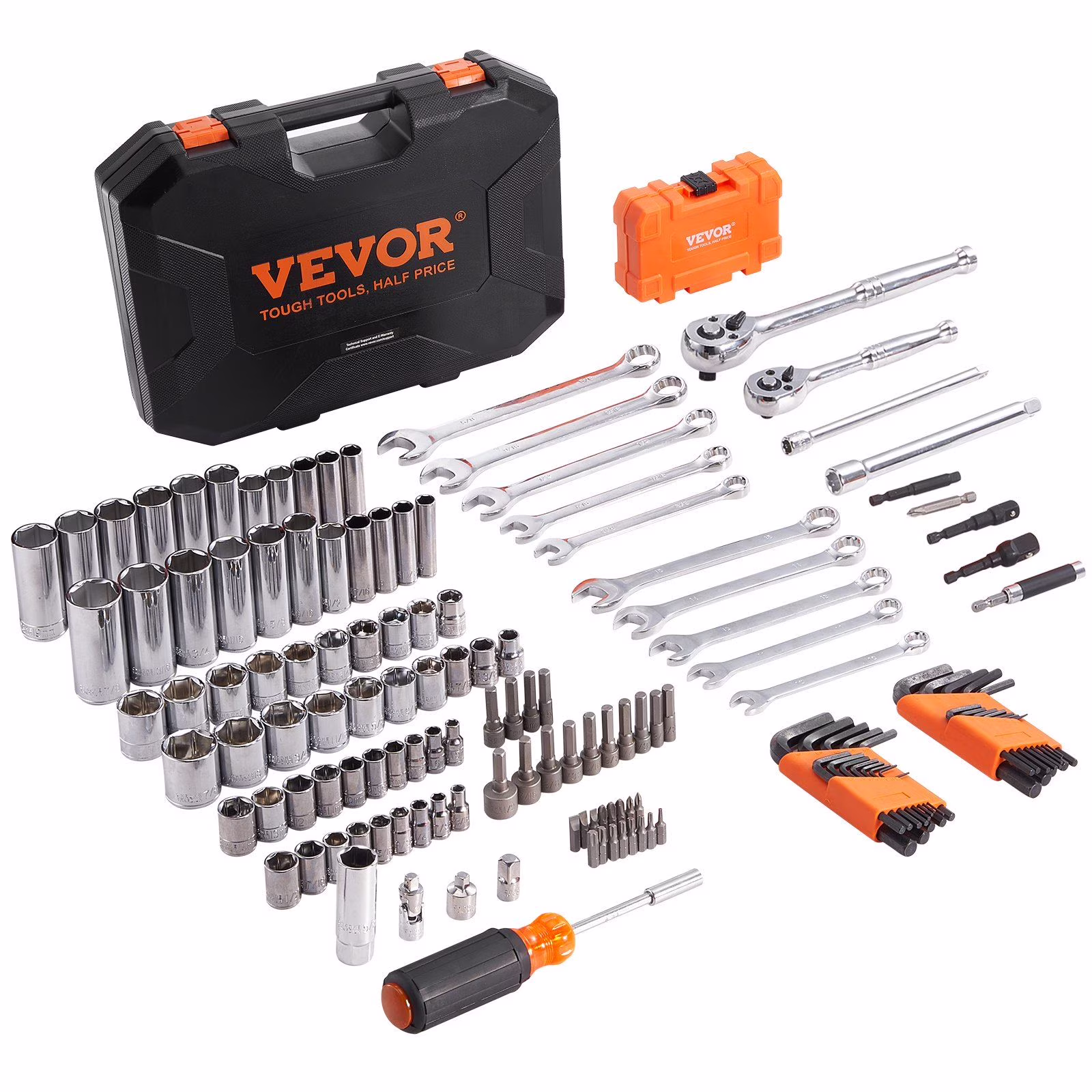 HCY Mechanics Tool Set and Socket Set, 1/4" and 3/8" Drive Deep and Standard Sockets, 145 Pcs SAE and Metric Mechanic Tool Kit with Bits, Combination Wrench, Hex Wrenches, Accessories, Storage Case