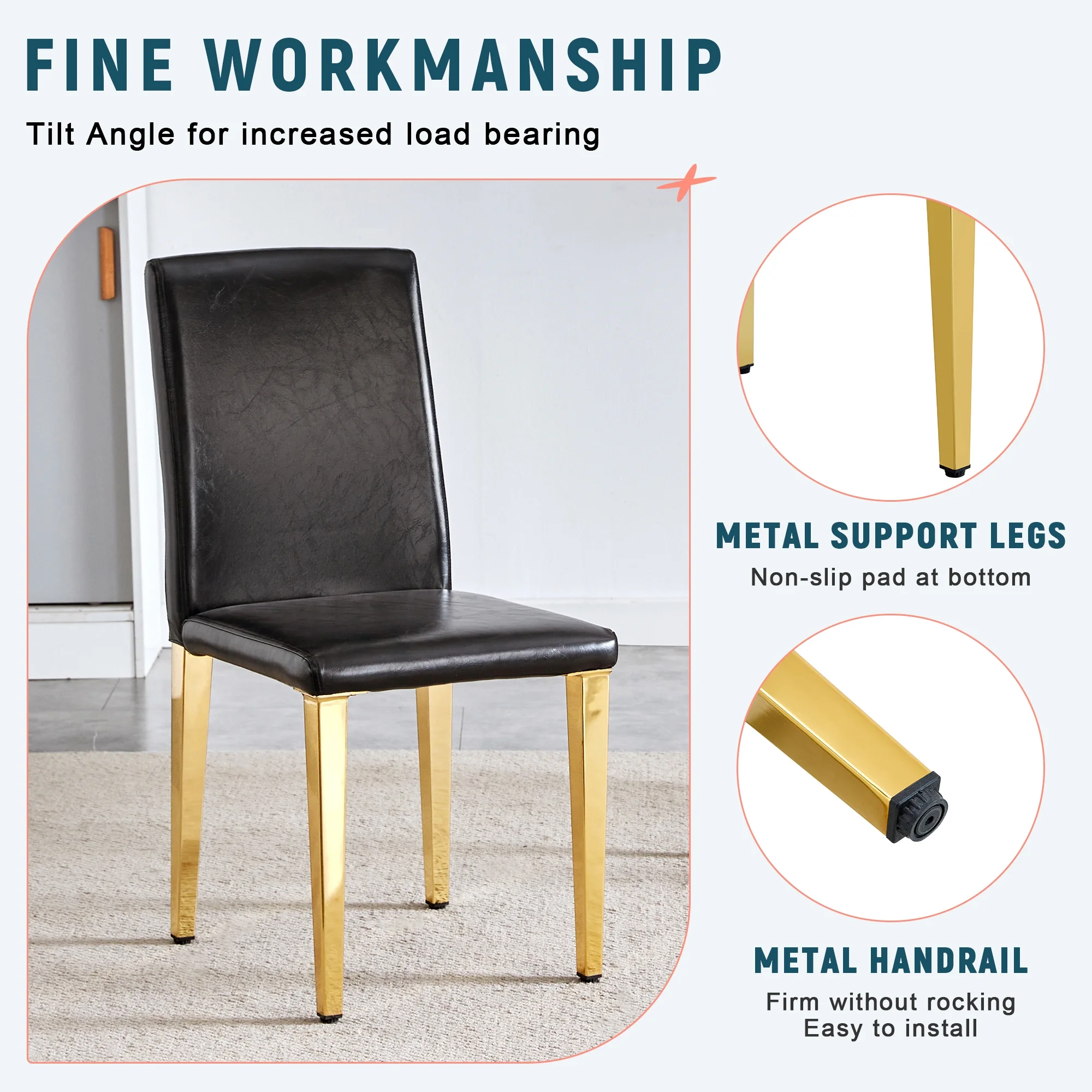 Set of 4 black PU leather backrest chairs with gold metal legs -A perfect pairing, ideal for minimalist and modern home decor styles, with product dimensions of 16.2*18.5*34.6 inches.