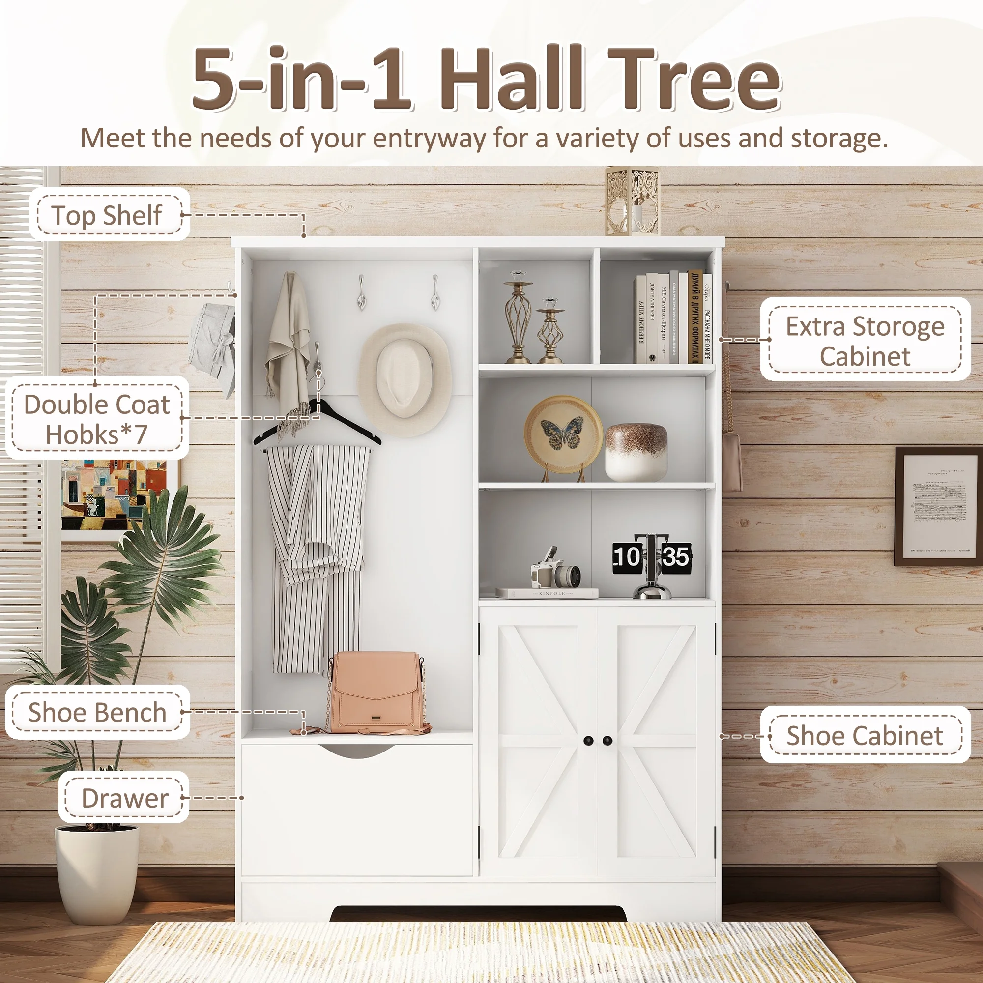 Bellemave 59"W Farmhouse Hall Tree with Storage Shelves and Shoes Rack Multi-functional Coat Rack with Hooks Entryway Shoes Storage Seating Bench Coat Hanger for Hallway (Black, With Shoes Rack)