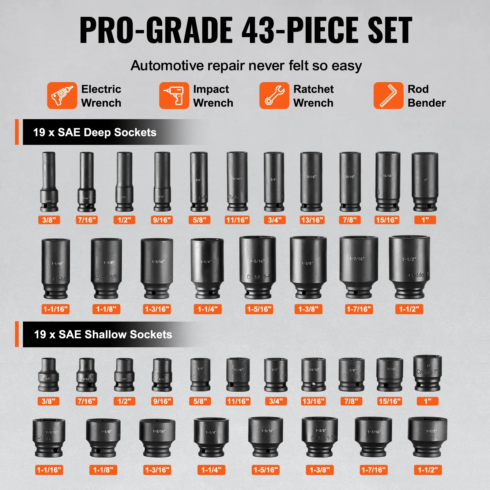 SKYSHALO 43-Pc Impact Socket Set, 1/2" Drive, SAE 3/8"-1-1/2", Deep & Shallow, 6-Point, Cr-Mo Steel, for Automotive Repair, Clear Size Labels, Durable, Includes Case
