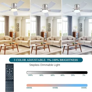 42 Inch Low Profile Ceiling Fans with Lights and Remote, Flush Mount Modern Ceiling Fan, 3 CC T DC Ceiling Fan for Bedroom, Living Room, Brushed Nickel