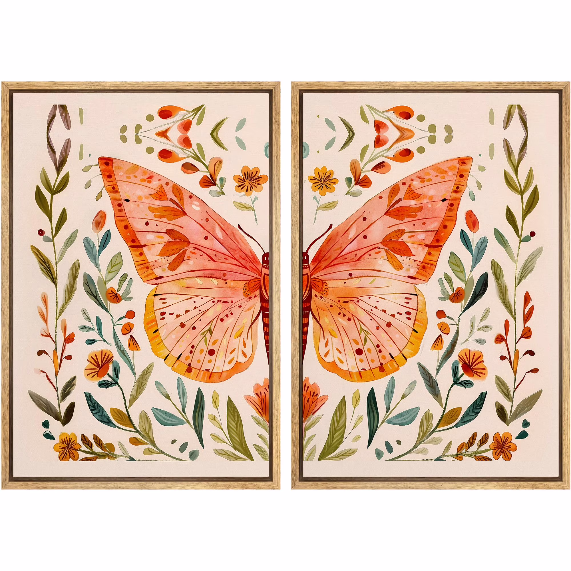 IDEA4WALL Framed Canvas Print Wall Art Set Whimsical Butterfly and Florals Illustration Abstract Botanical Boho Modern Art Wall Decor Colorful Chic Artwork for Home Decor - Natural 24"x36"x2