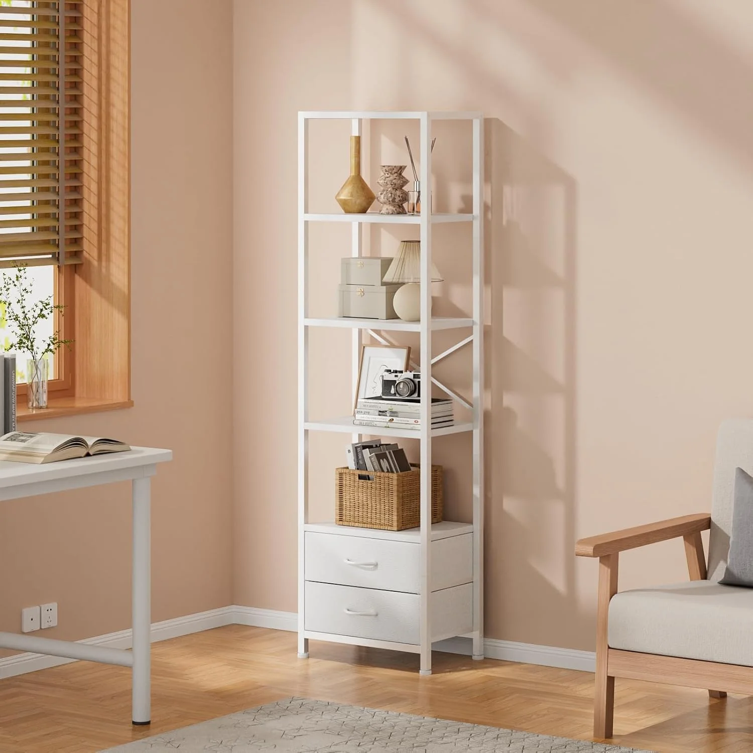 5-Tier Corner Shelf, Narrow Bookshelf with 2 Storage Drawers, Tall Bookcase, Wood Display Standing Shelf Organizer Unit for Living Room, Bedroom, Metal Frame(White)