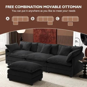 Ihanherry 146" U-Shaped Modern Sofa Modular Sectional Cloud Couch with 2 Ottoman, 6-Seat Chenille Deep Seat Sofa with 6 Pillows for Living Room, Bedroom and Apartment, Grey