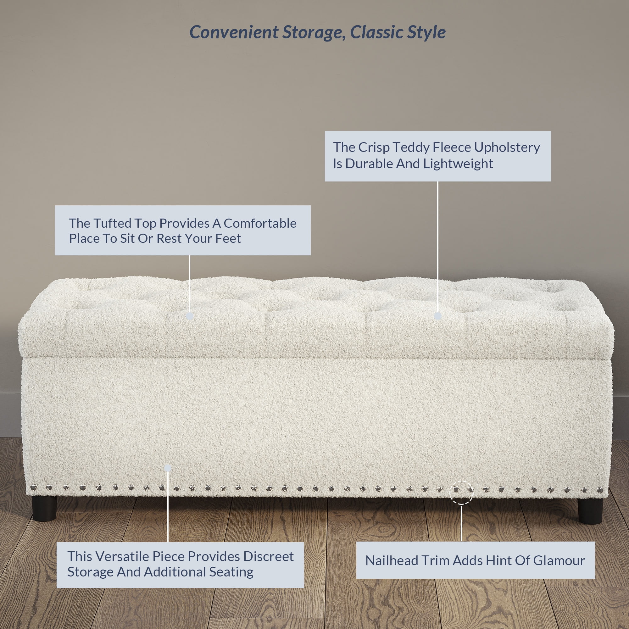 BELLEZE 35 Inch Storage Ottoman, Button-Tufted Ottoman Linen Storage Bench with Safety Close Hinge, Ottoman with Storage for Living Room, Entryway, Hallway, Foot Rest, Support 300lbs - Dark Grey