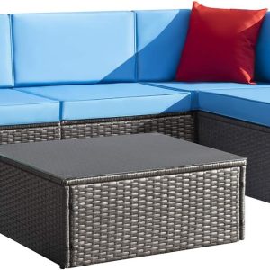 Devoko 5 Pieces Patio Furniture Sets All Weather Outdoor Sectional Patio Sofa Manual Weaving Wicker Rattan Patio Seating Sofas with Cushion and Glass Table(Beige)