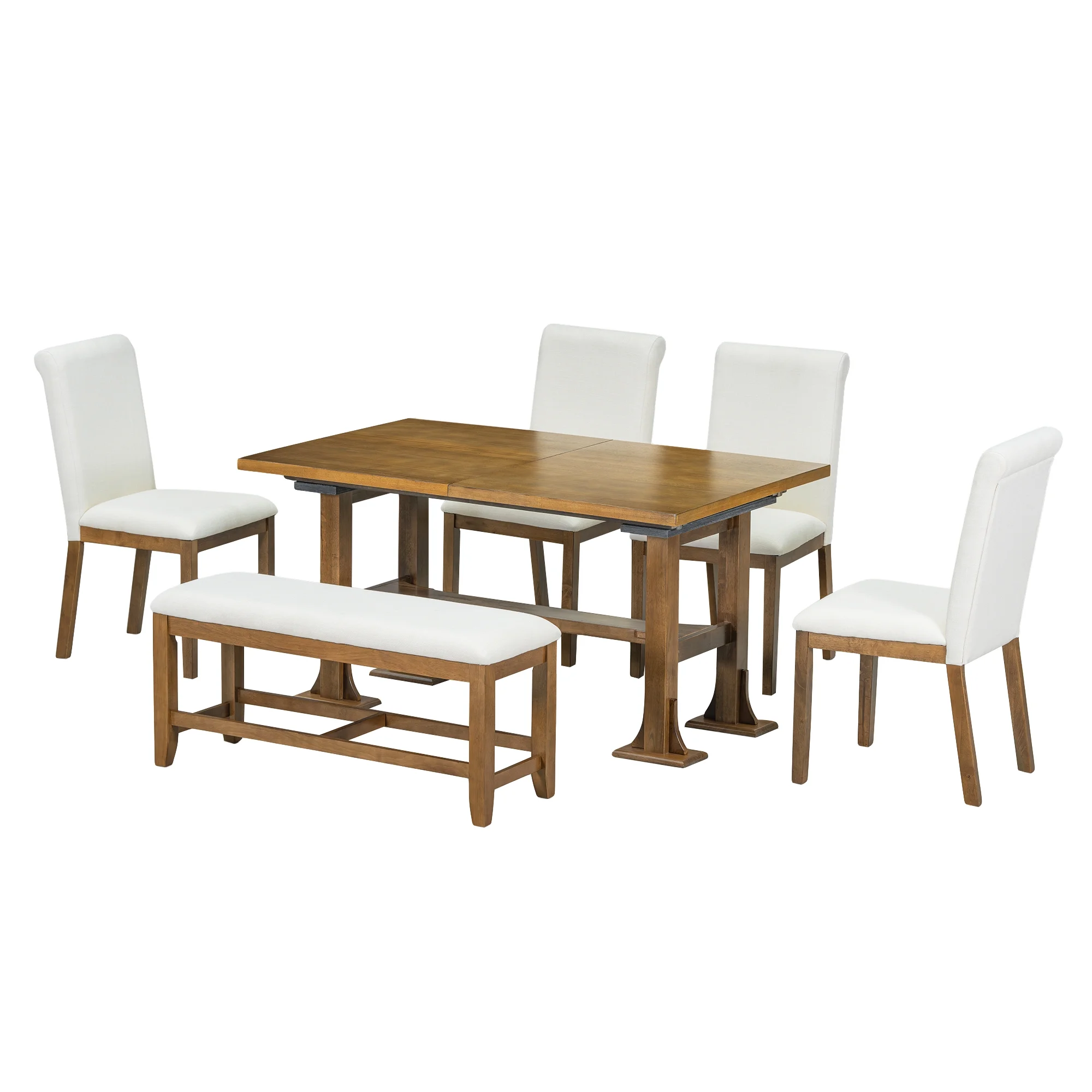 Harper & Bright Designs 6 Pieces Dining Table Set with Bench for 6, Kitchen Table Set with Storage Drawer and 4 Upholstered Dining Chairs, Dark Brown