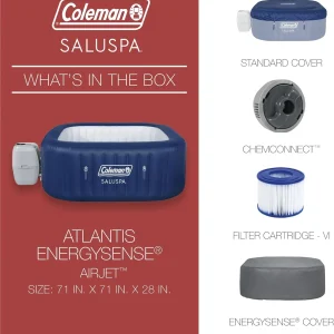 Coleman SaluSpa Atlantis AirJet 4 to 6 Person Inflatable Hot Tub Square Portable Outdoor Spa with 140 Soothing Jets with Cover, Blue