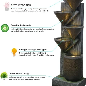 Waterfall Fountain 5-Tier Floor Standing Water Fountains with LED Lights for Garden, Living Room, Patio, Home Decor