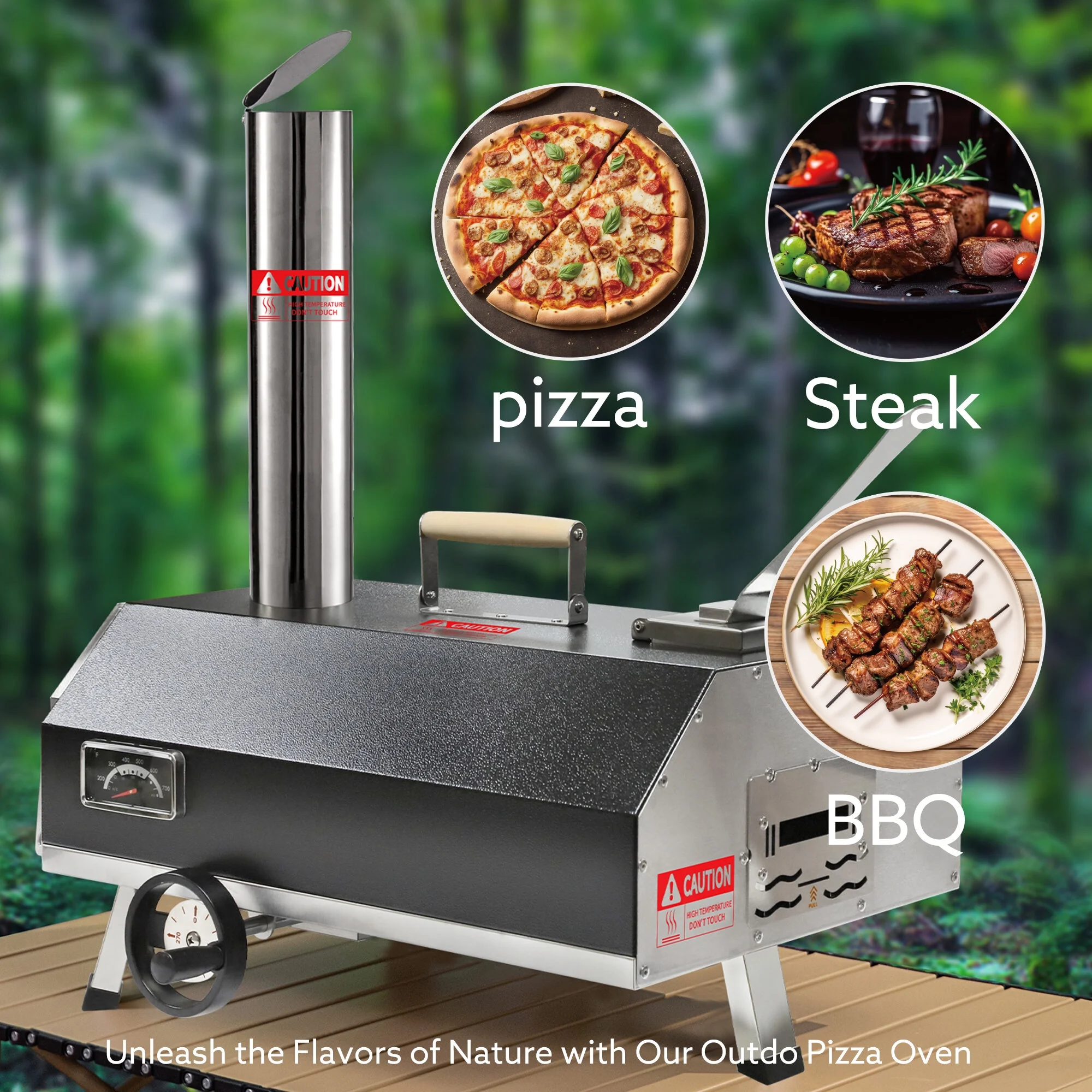BBQ Utensils Silver Pizza Oven Outdoor 12" Semi-Automatic Rotatable Pizza Ovens Portable Stainless Steel Wood Fired Pizza Oven Pizza Maker with Built-in Thermometer Pizza Cutter Carry Bag,Outdoor Gri