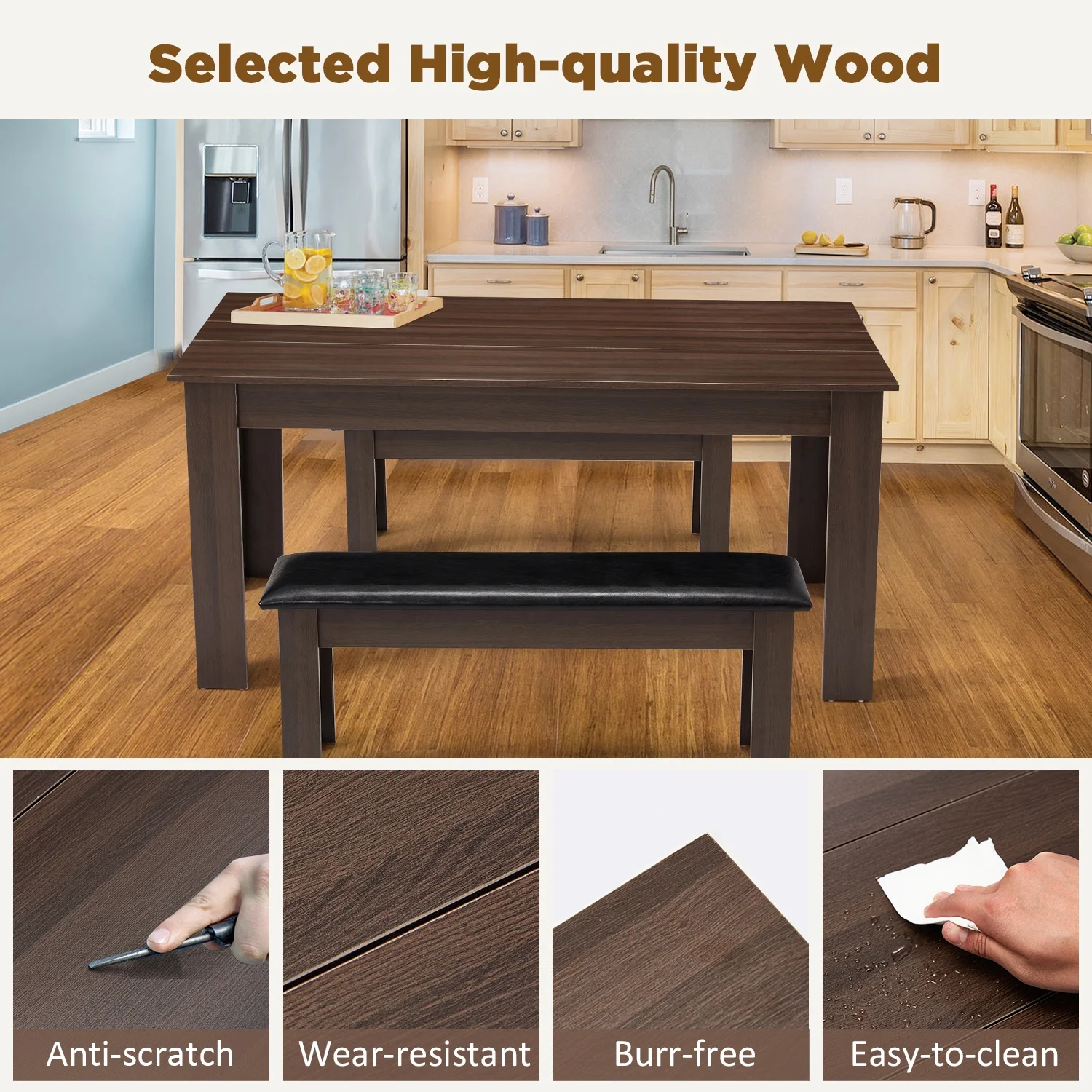AVAWING 44" Dining Room Bench Set of 2, Wood & Linen Fabric Kitchen Benches, Beige & Natural