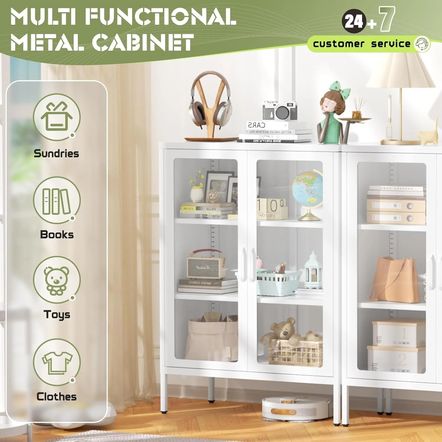 SUNCROWN Metal Storage Cabinet, Curio Display Cabinet with 2 Glass Display Door and 4 Shelves, Side Storage Organize, Modern Bookshelf Cabinet for livingroom, Bedroom, Kitchen, Black