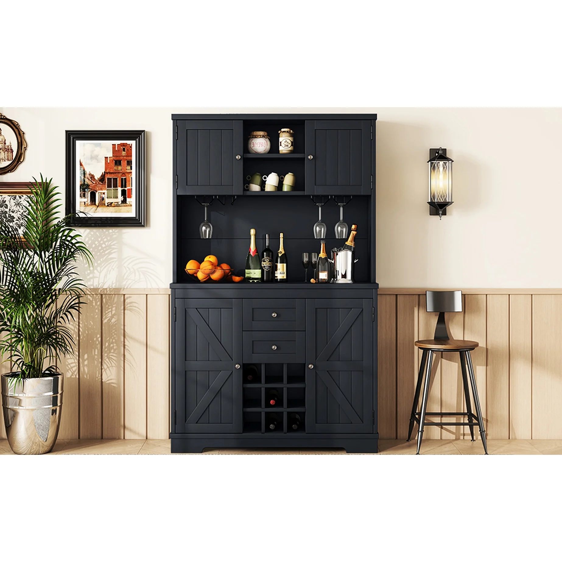 Dark Blue Dining Room Storage Cabinet With Shelves - Coffee Bar Drawers For Kitchen Antique Drawers, Shelves, And Cabinets
