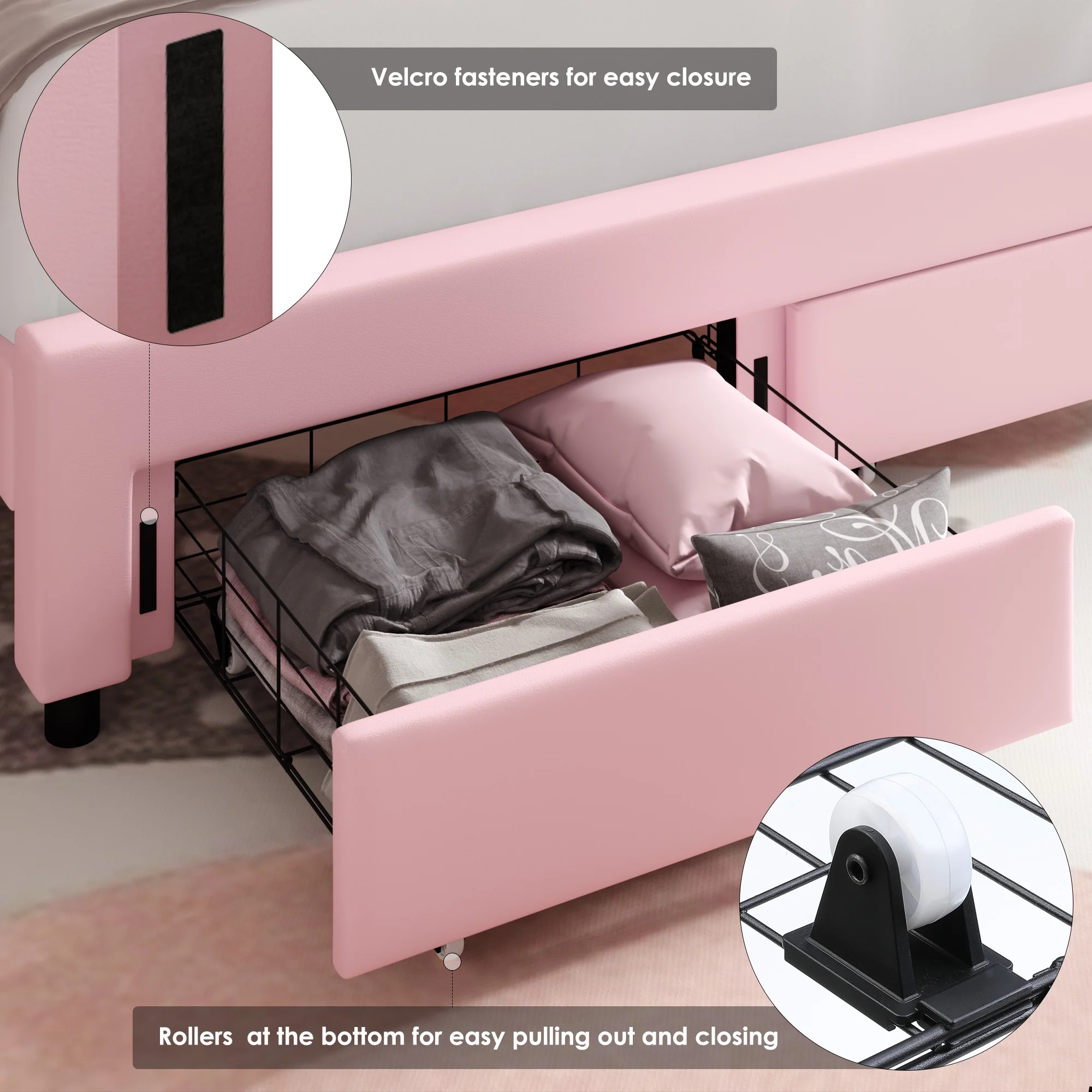 Homfa Full Size Bed, LED Upholstered Bed with Adjustable Crystal Button Tufted Crown Headboard, Soft PU Princess Platform Bed with Storage Drawers, Pink