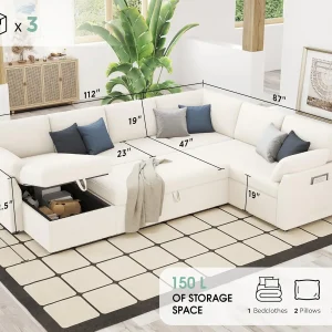 VanAcc Sofa Bed, Sleeper Sofa with Storage Chaise 2 in 1 Pull Out Couch Living Room