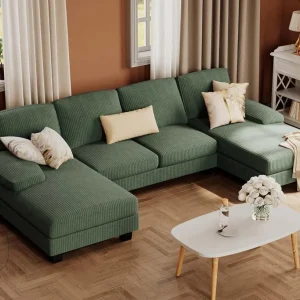 Furmax Sectional Couches for Living Room, U-Shaped Sofa Couch with Linen Fabric, 4 Seat Sofa Set with Double Chaise for Apartment (Fabric, Grey)