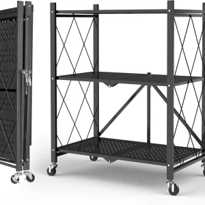Foldable 4-Tier Storage Shelves with Wheels, No Assembly Bookshelf, Heavy Duty Kitchen Racks and Shelves, Rolling Microwave Cart, Black