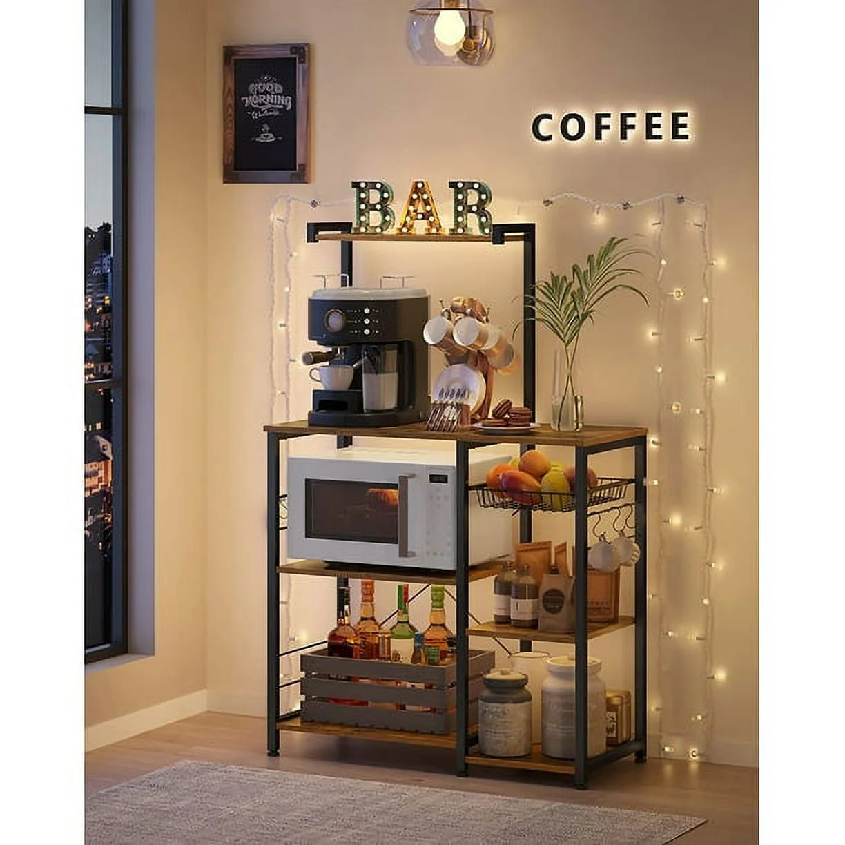 VASAGLE Baker's Rack Microwave Stand Kitchen Storage Rack with Wire Basket 6 Hooks & Shelves for Spices Pots & Pans Rustic Brown and Black Rustic Brown and Black
