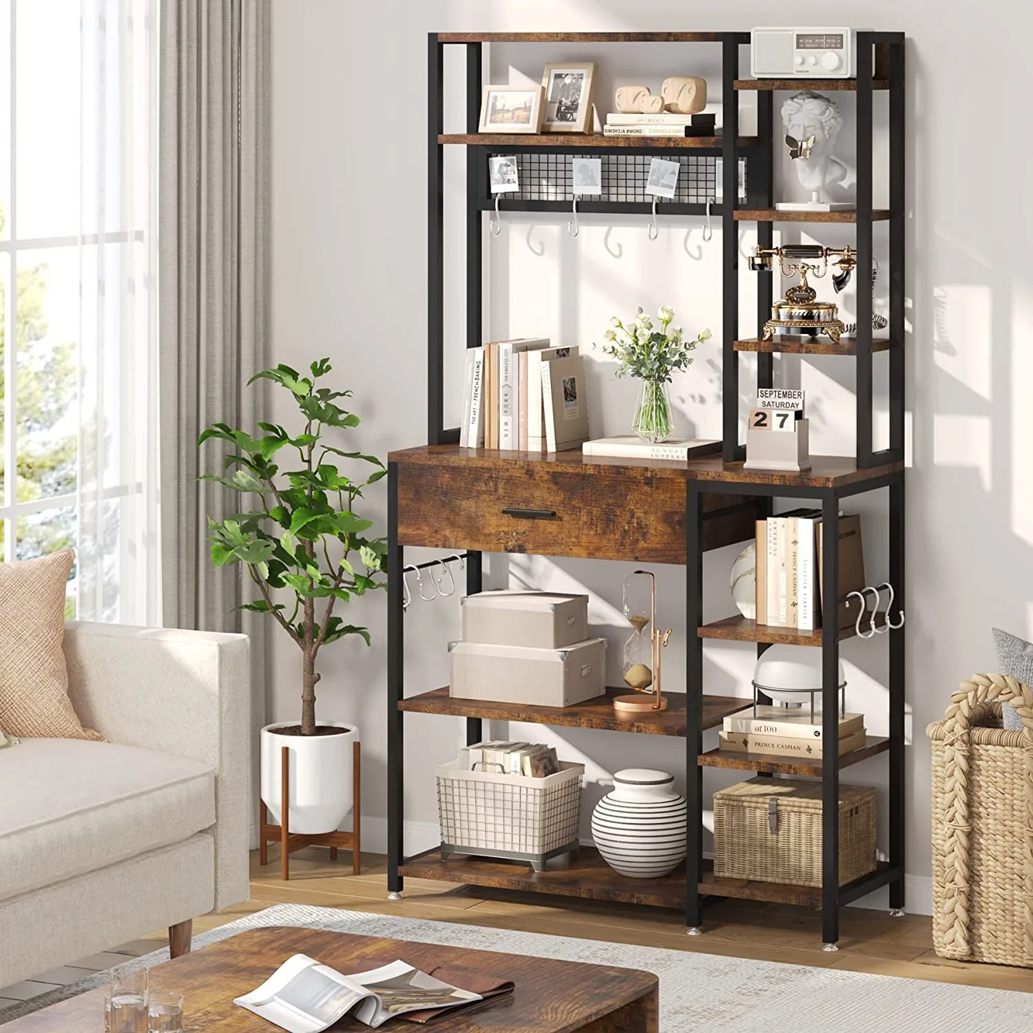 Tribesigns Baker's Rack with Drawer, 70.9 inch Kitchen Storage Shelf with 10 Hooks, Rustic Brown