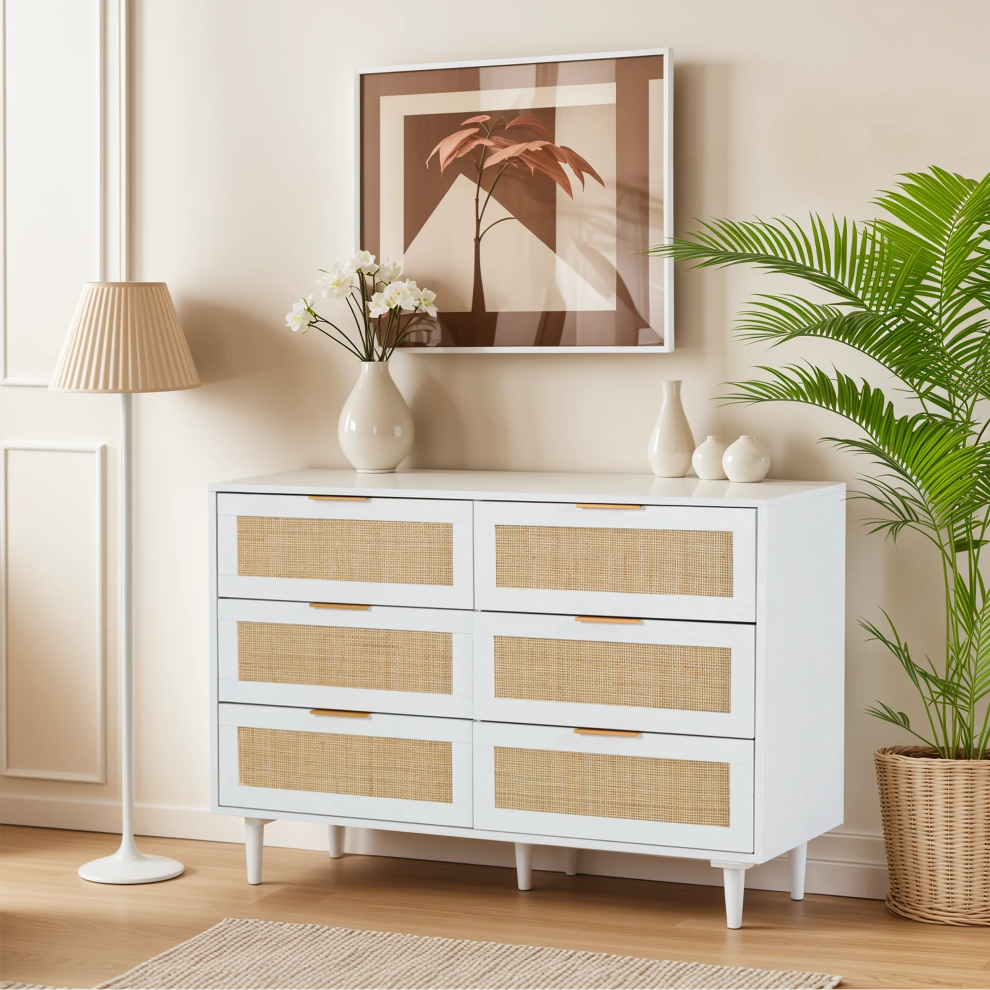 LAZZO 3 Modern Drawer Dresser Rattan, Wooden Dresser Chest of Large Storage Cabinet